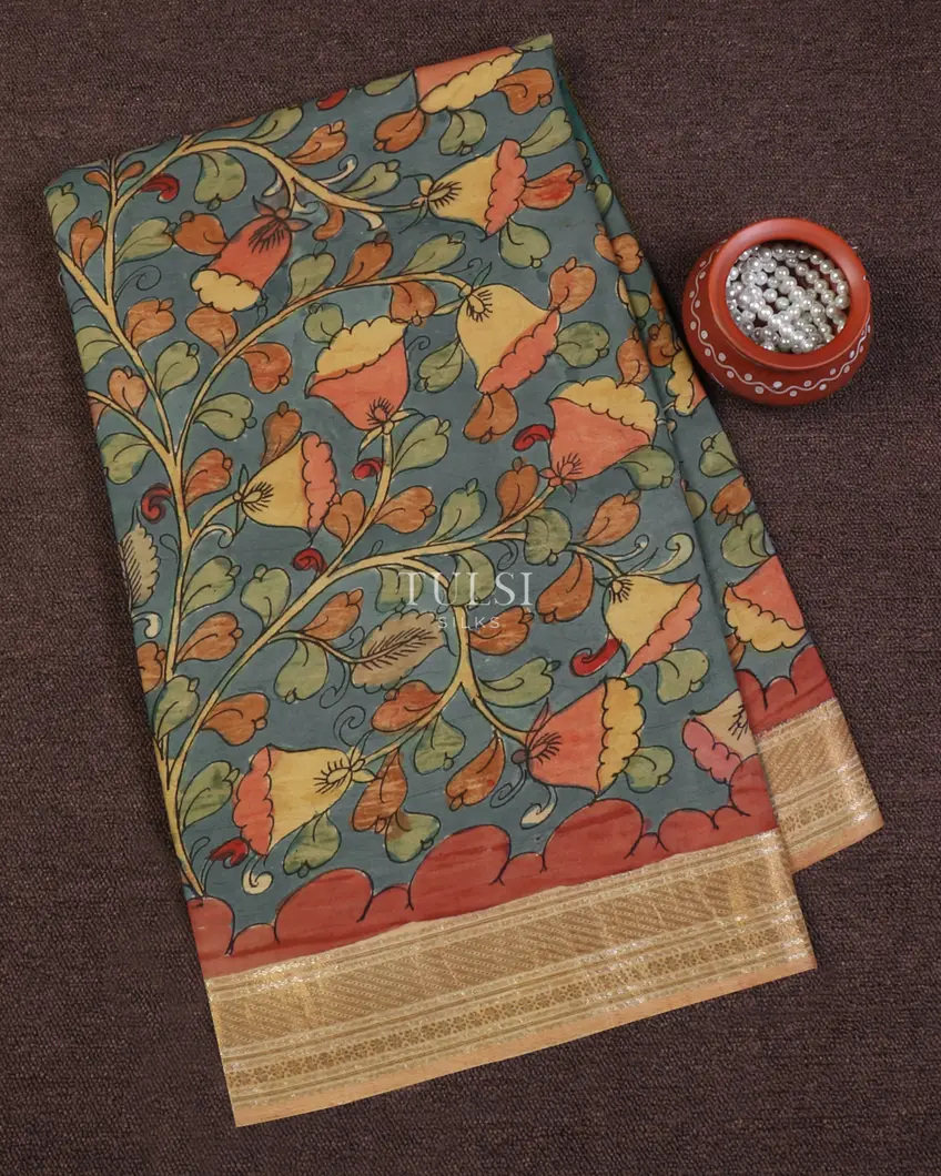 Blue Kanjivaram Kalamkari Handpainted Saree T617016-image