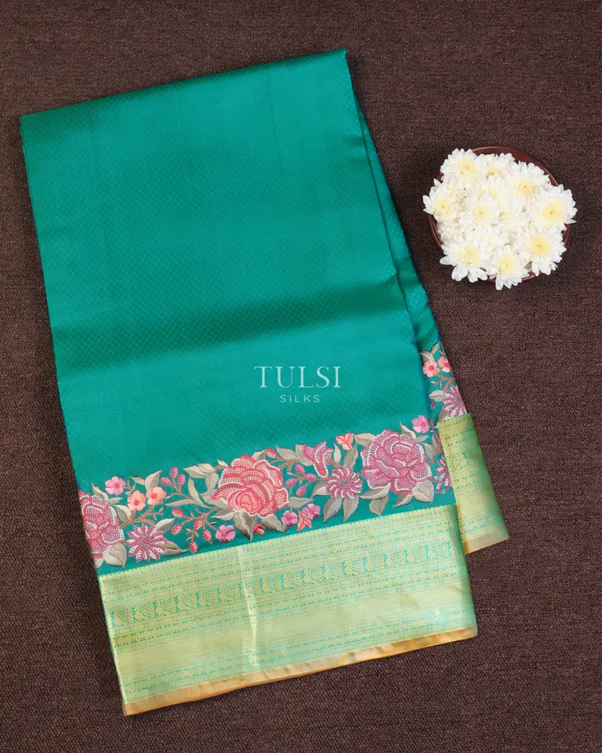 Greenish Blue Soft Silk Embroidery Saree T651460-image