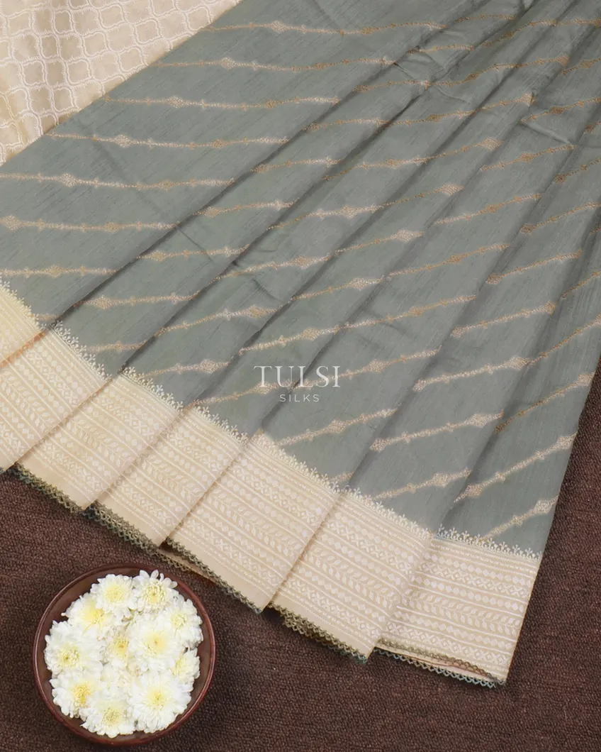 Bluish Grey Tussar Embroidery Saree T644809-image