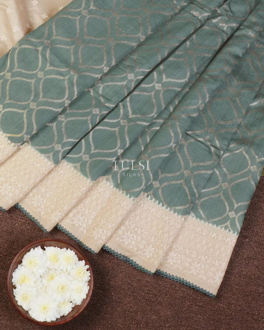 Bluish Grey Tussar Embroidery Saree T644882-image