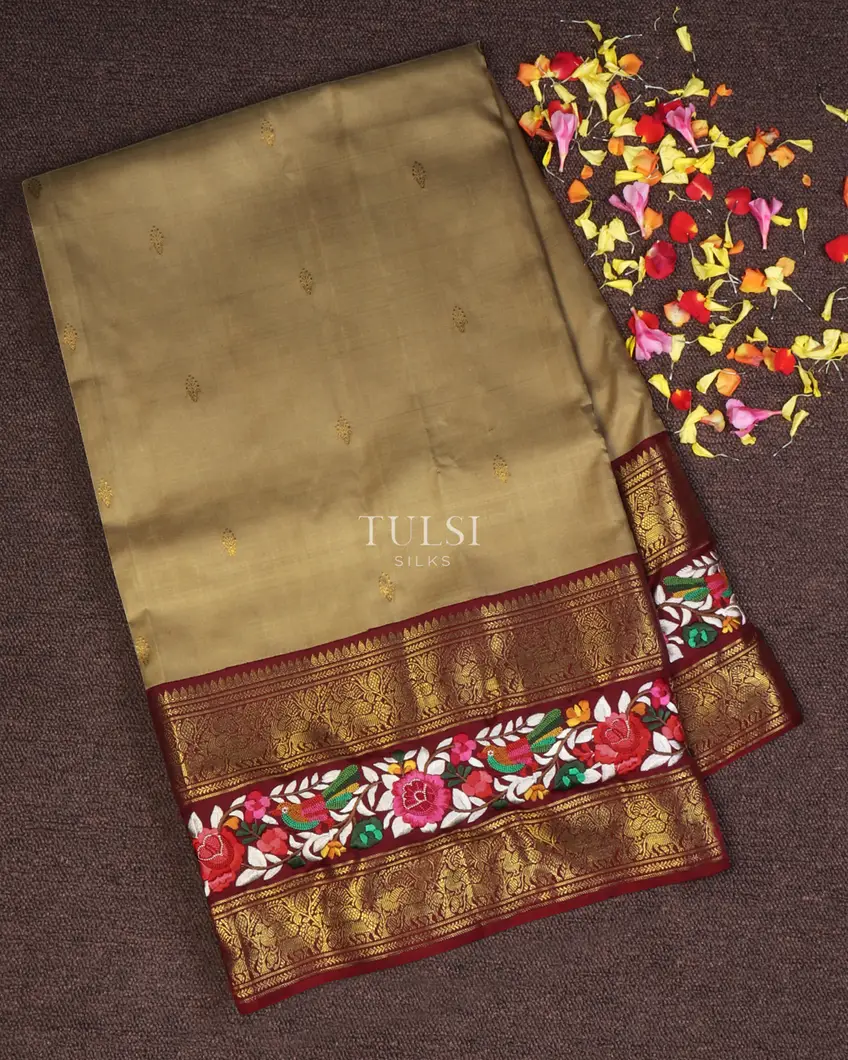 Beige Kanjivaram Silk Embroidery Saree T647963-image