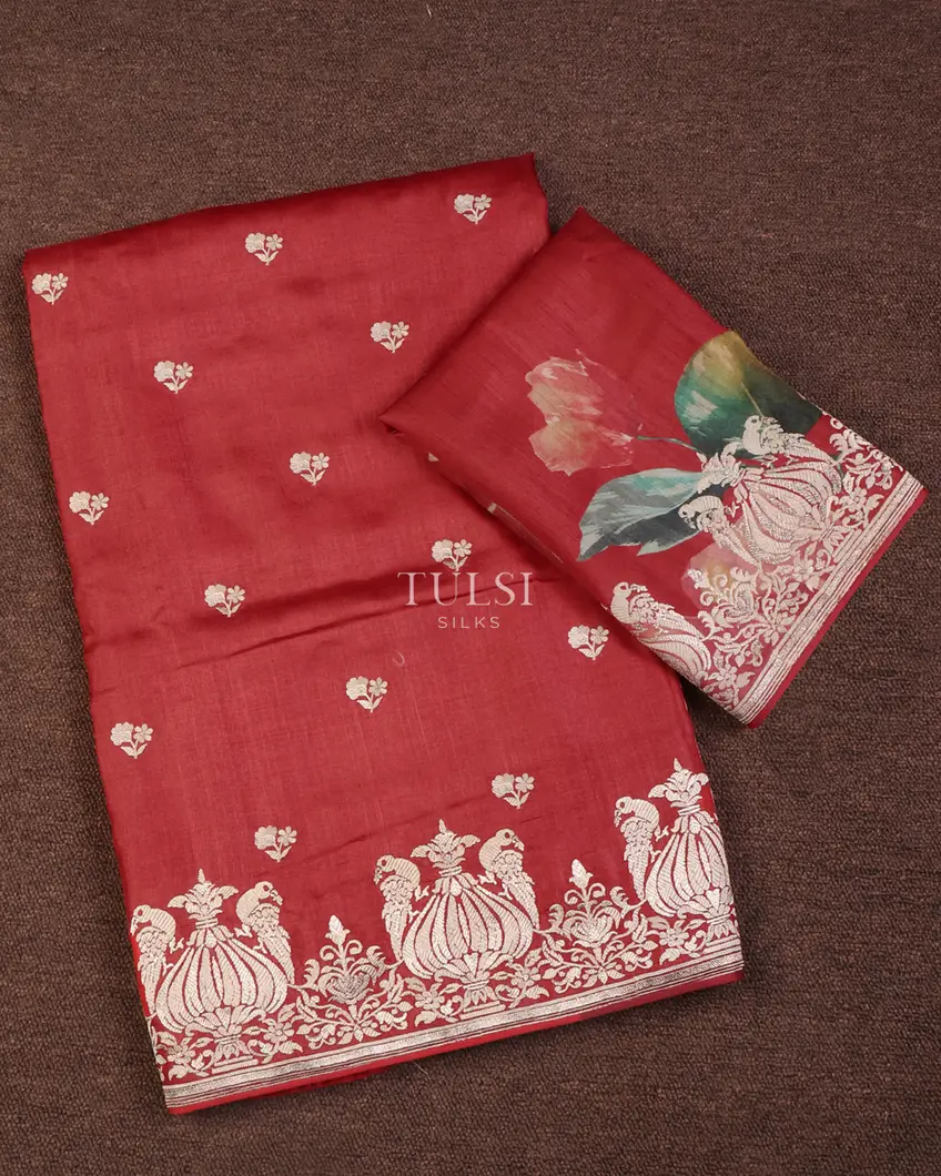 Red Tussar Embroidery Saree T652864-image