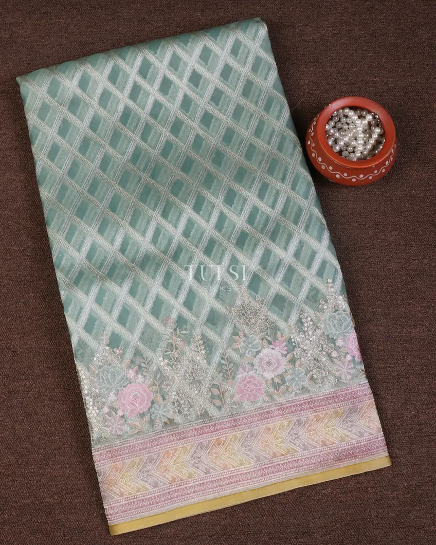 Blue Kora Organza Embroidery Saree T652874-image
