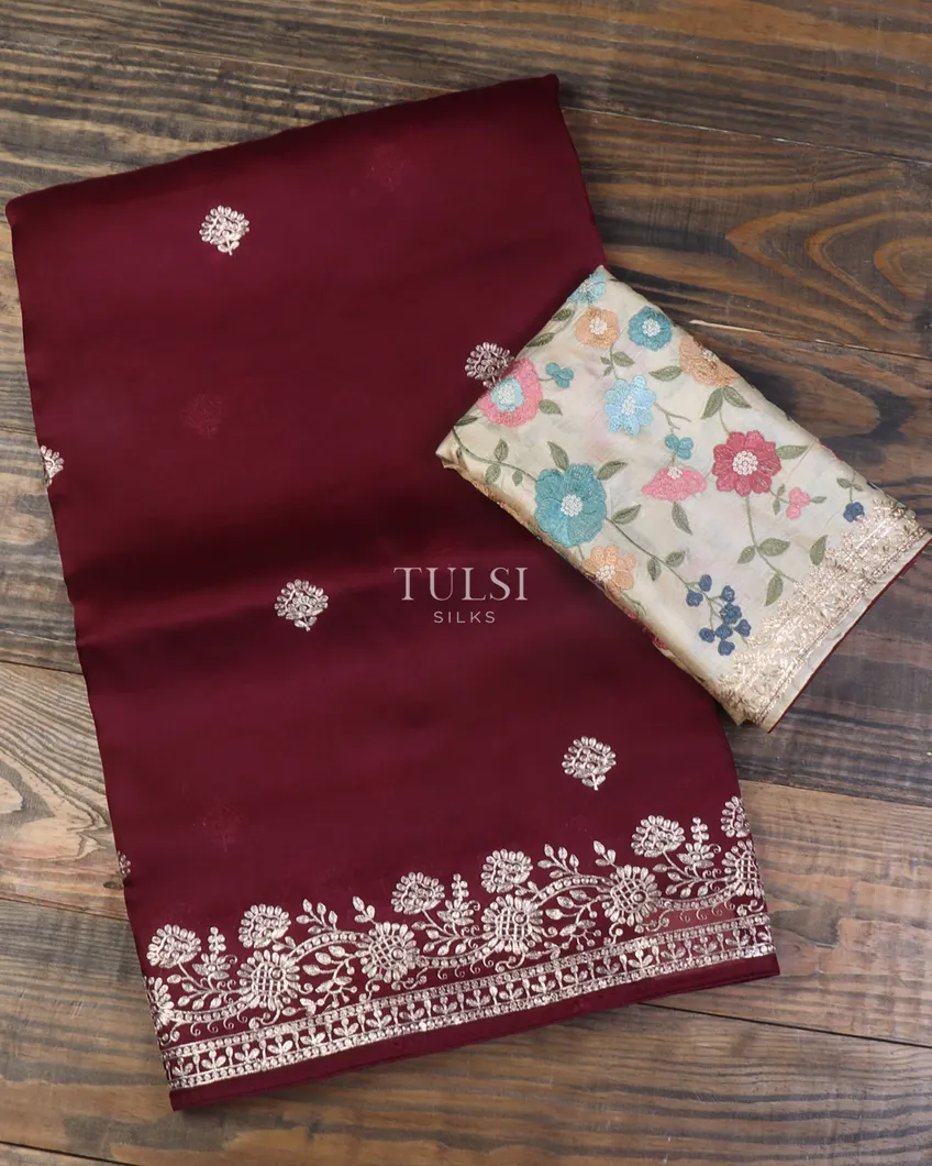 Maroon Kora Organza Embroidery Saree T635699-image