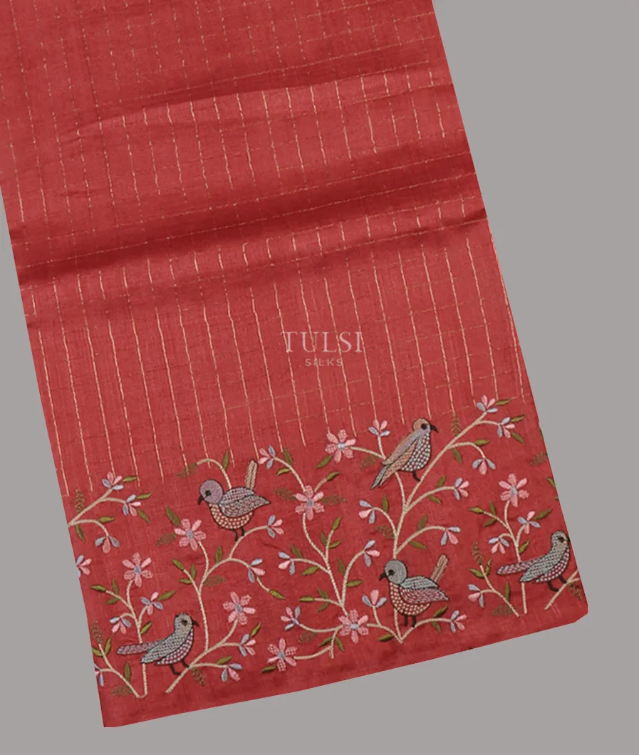 Red Tussar Embroidery Saree T654737-image