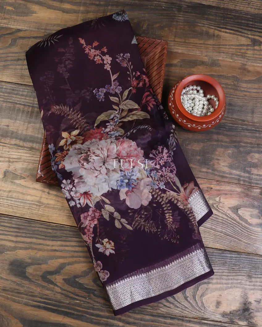 Purplish Brown Kora Organza Printed Saree T654992-image