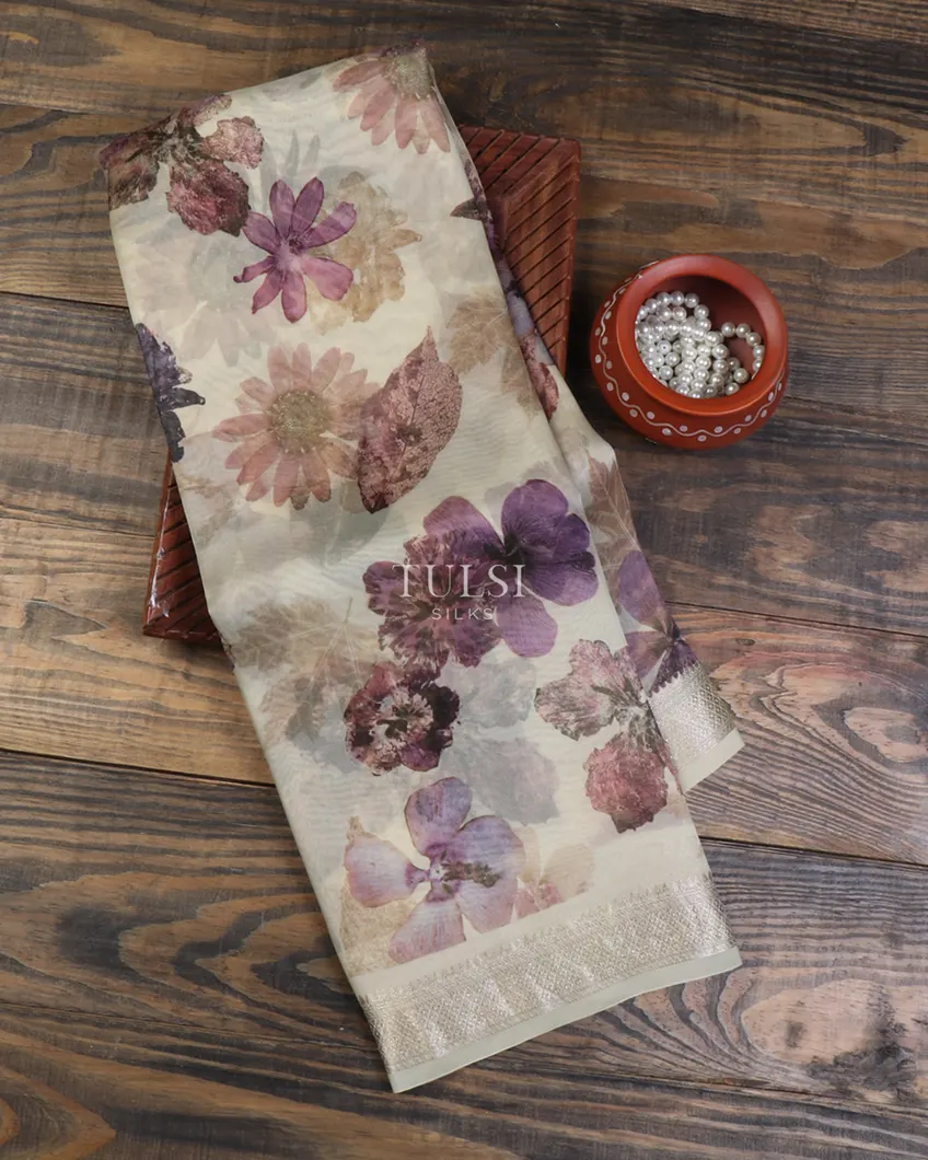 Off-White Kora Organza Printed Saree T654991 (Shipping 10 to 15 days)-image