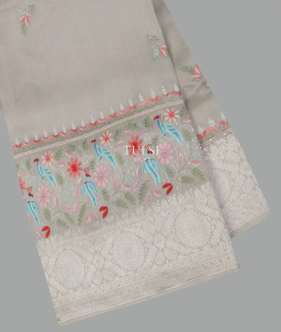 Grey Kora Organza Hand Embroidery Saree T564784-image