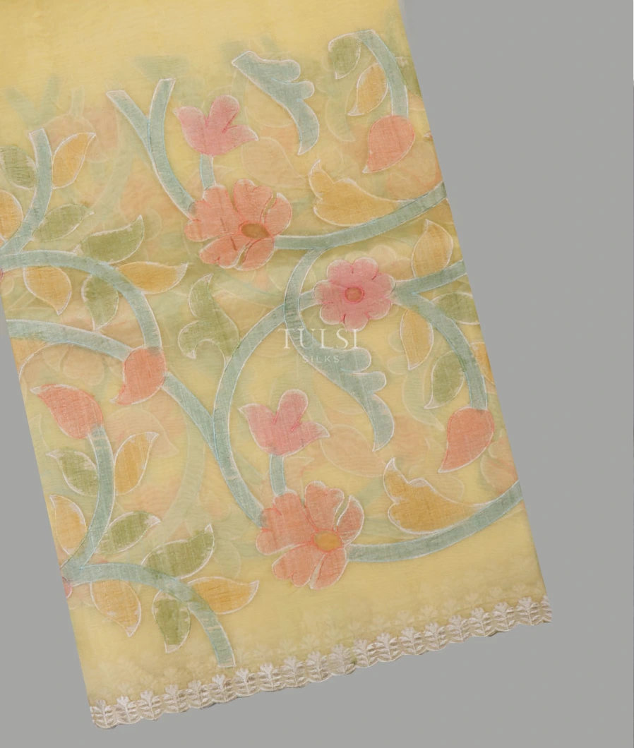 Pale Yellow Kora Organza Embroidery Saree T653582-image