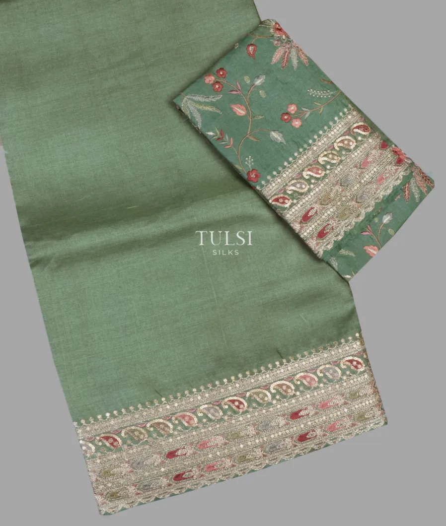 Green Tussar Embroidery Saree T572051-image