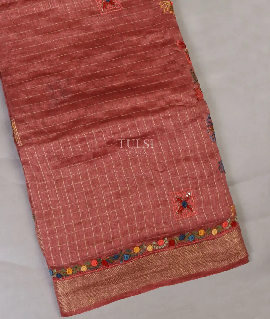 Salmon Pink Linen Embroidery Saree T652149-image