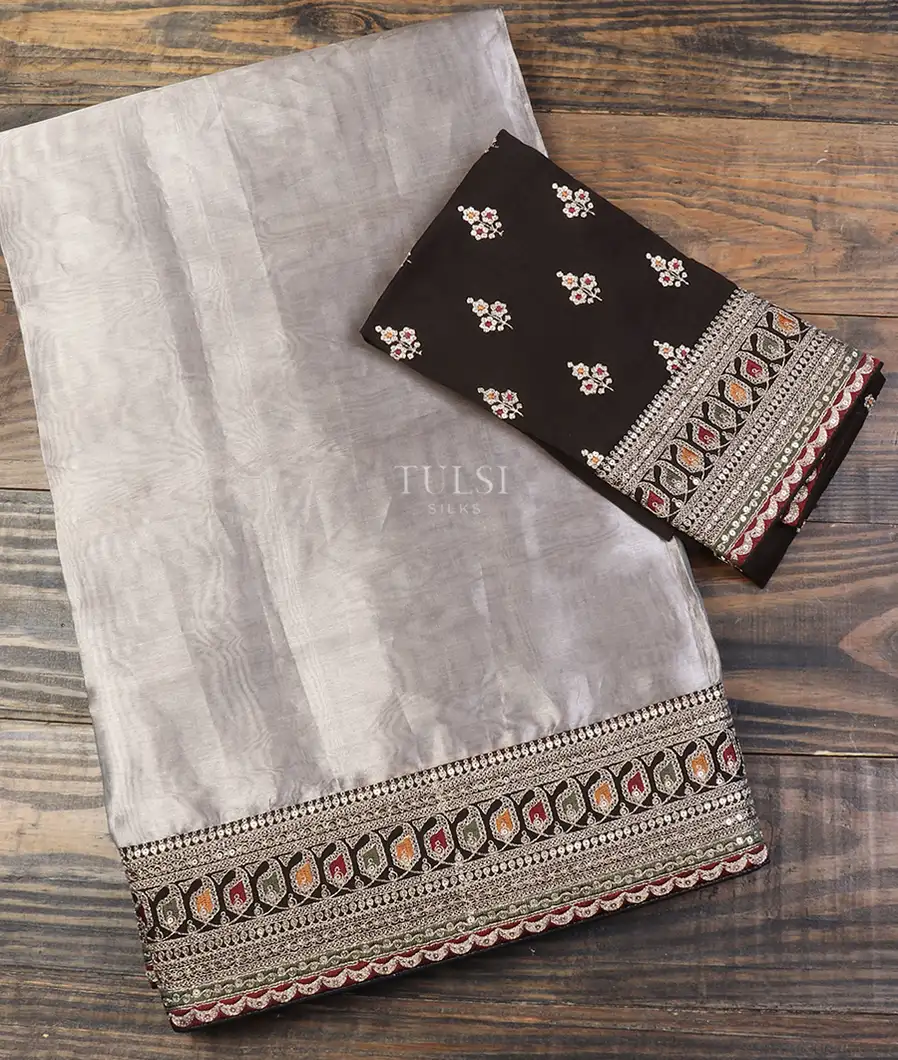 Silver Kora Tissue Organza Embroidery Saree T658139-image