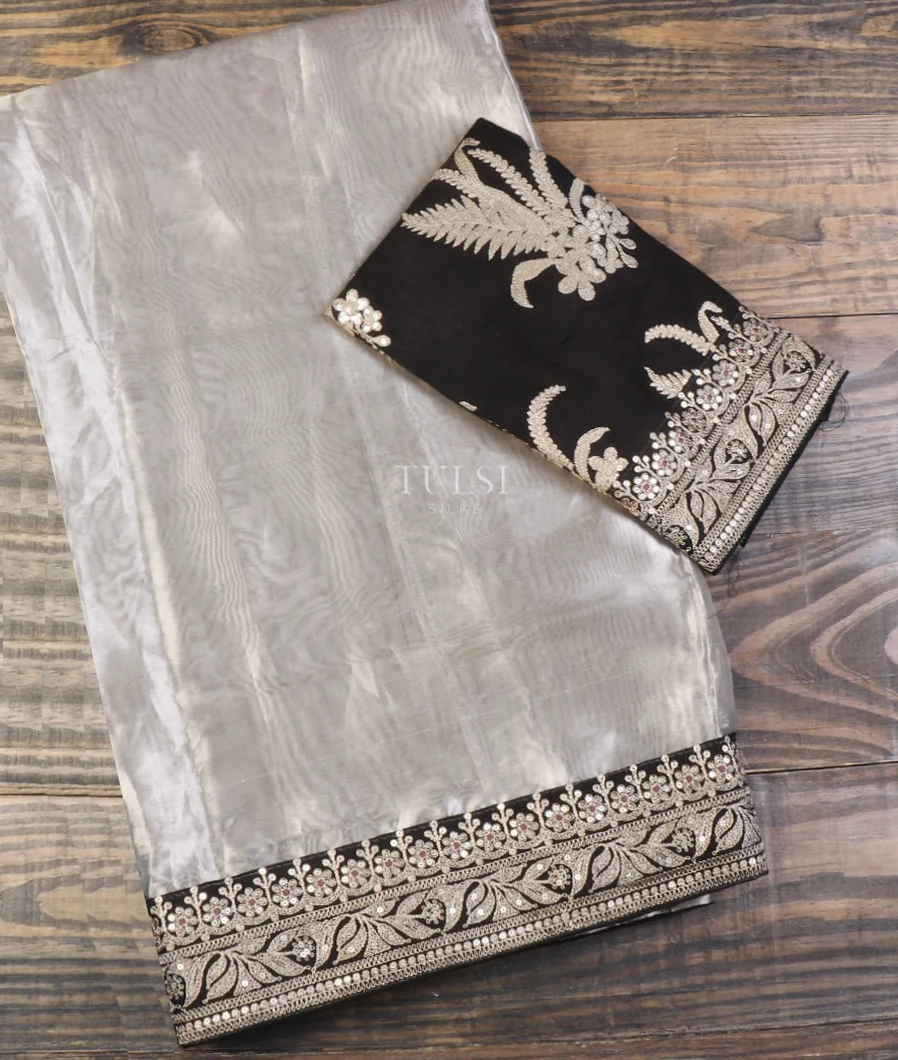 Silver Kora Tissue Organza Embroidery Saree T658140-image