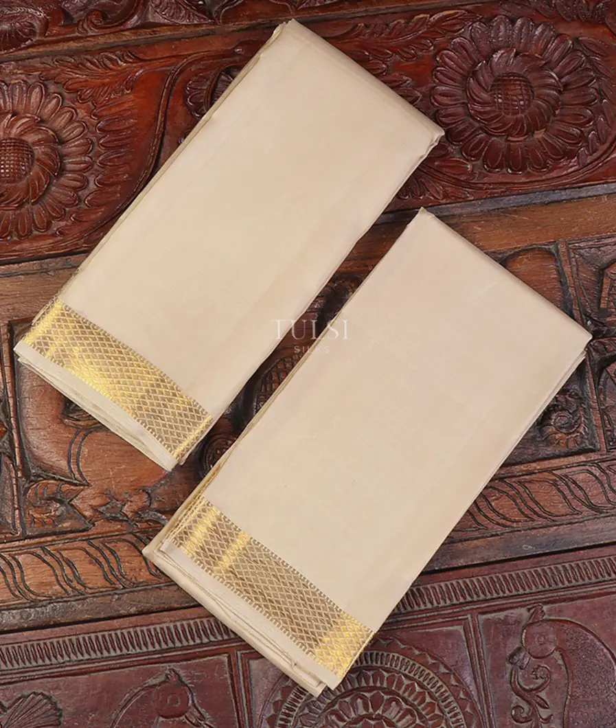 Beige Handwoven Kanjivaram Silk Dhoti and Vastharam T651324-image