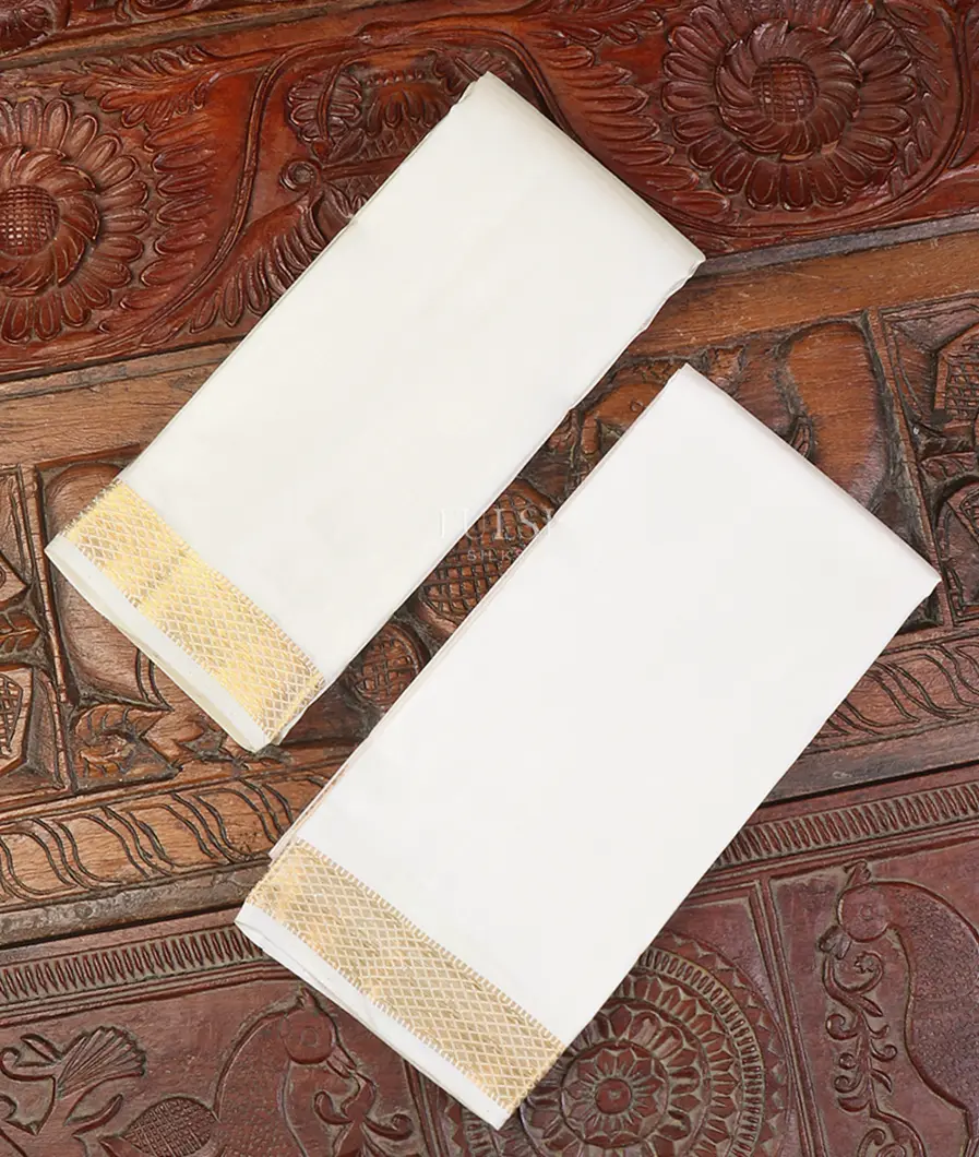 Off - White Handwoven Kanjivaram Silk Dhoti and Vastharam T661771-image