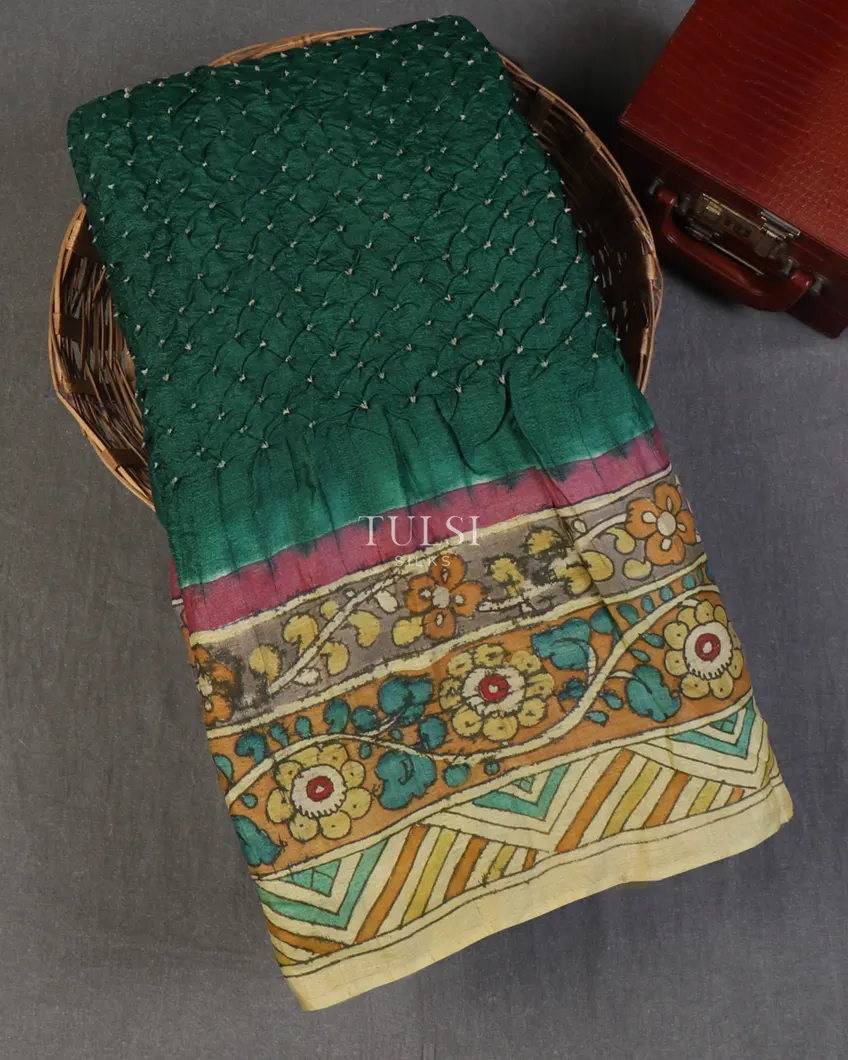 Peacock Green Bandhani Tussar Saree T652795-image