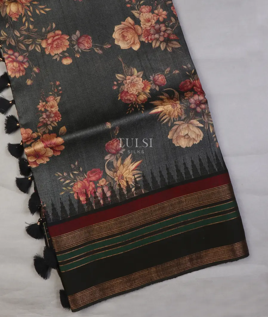 Dark Grey Tussar Printed Saree T662885-image