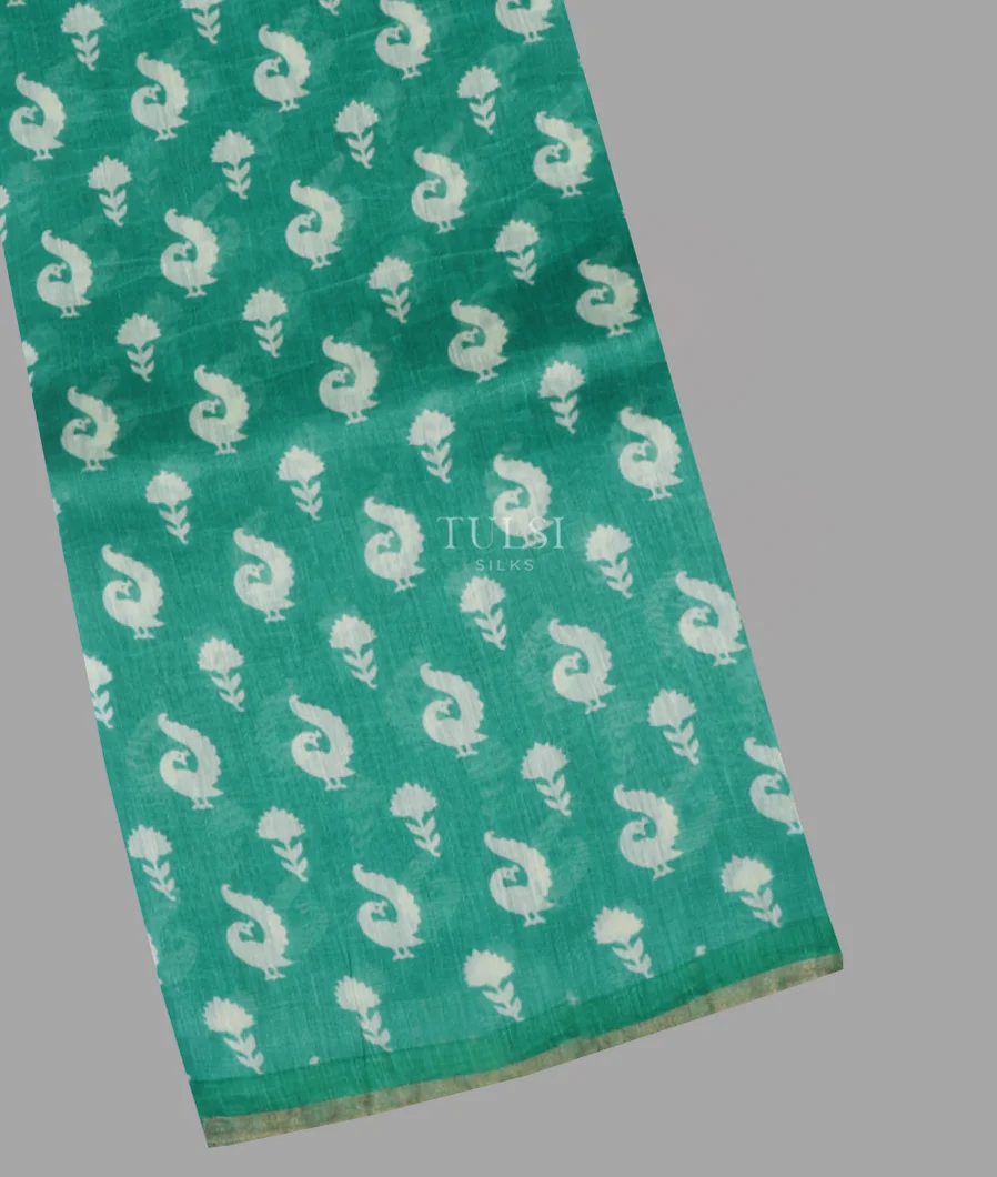 Greenish Blue Linen Printed Saree T659439-image