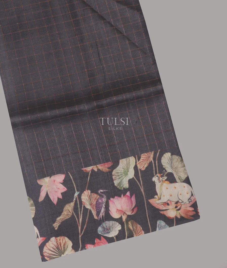 Dark Grey Tussar Printed Saree T626511-image