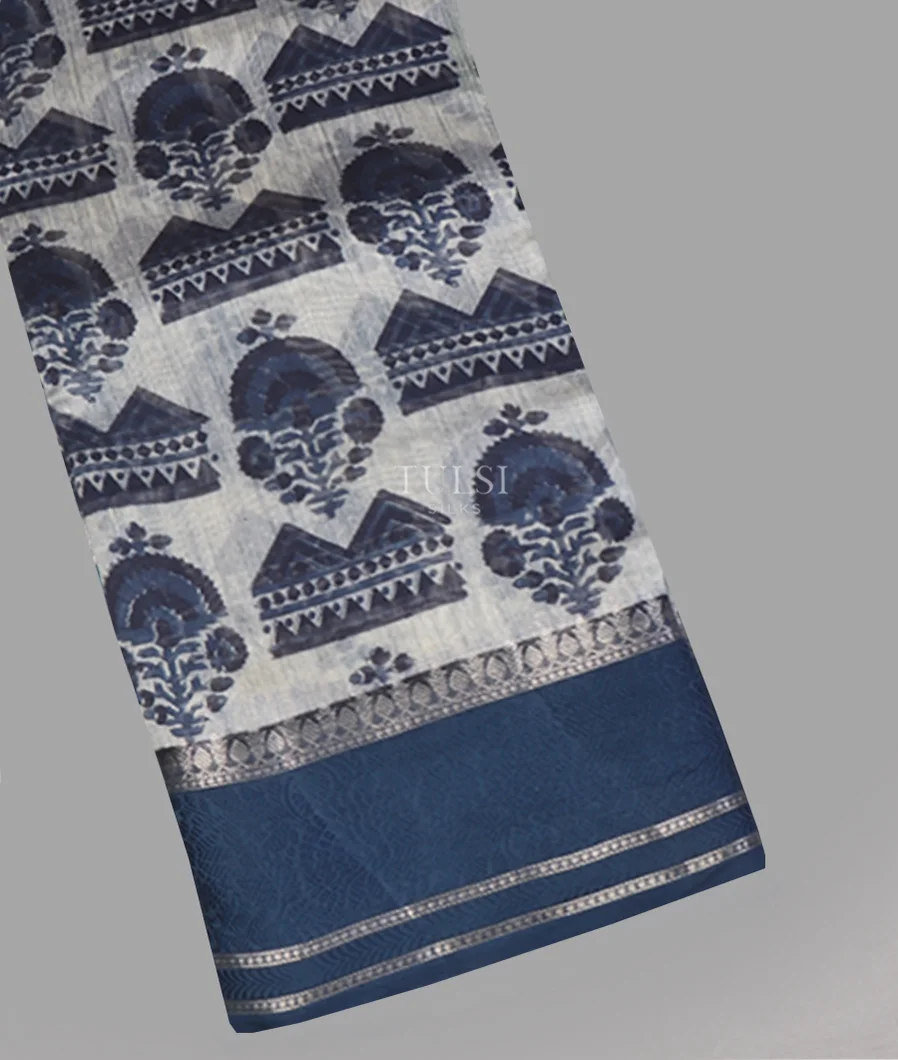 Off - White And Blue Soft Printed Cotton Saree T661468-image