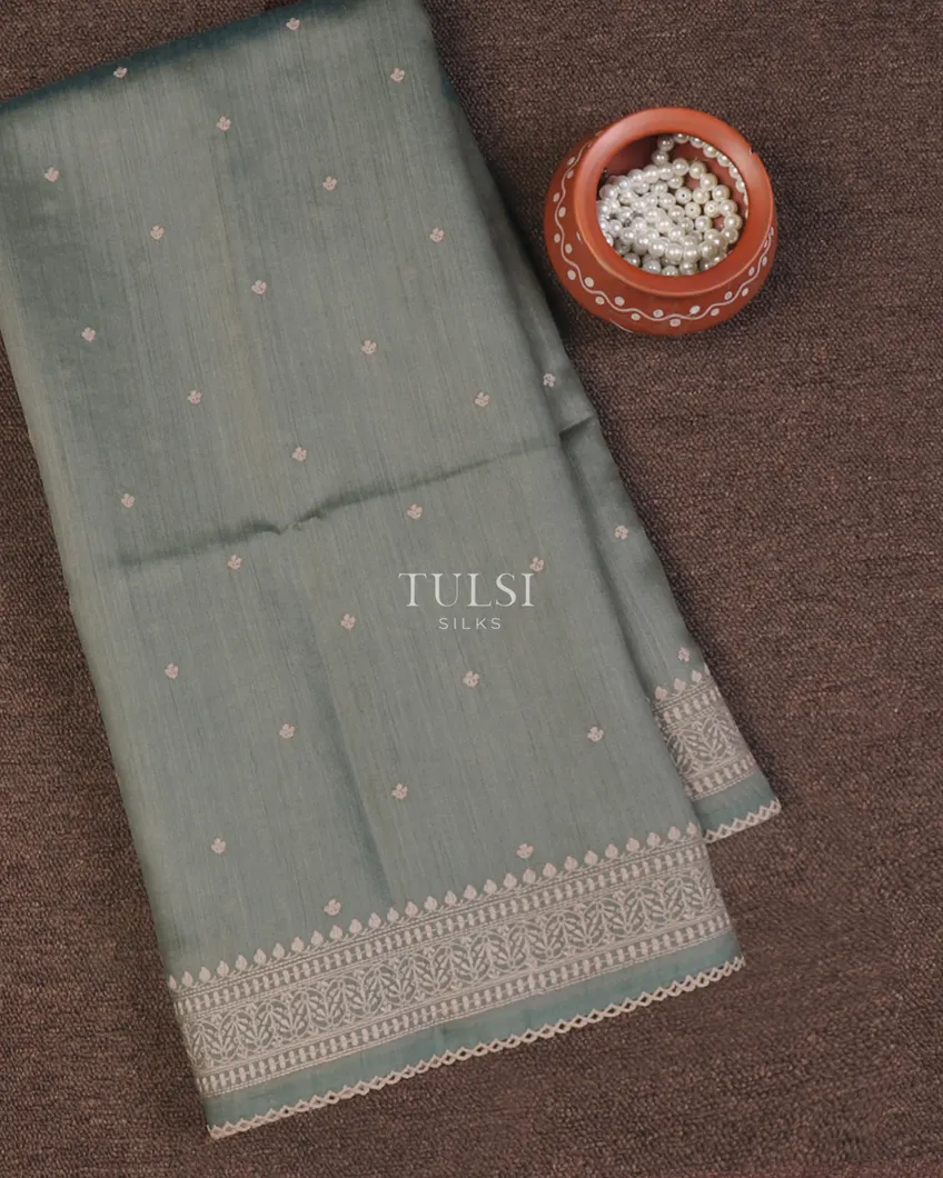 Light Grey Tussar Embroidery Saree T663402-image