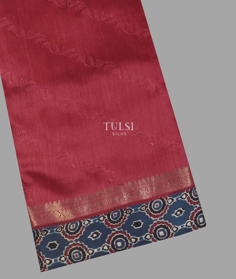 Red Tussar Embroidery Saree With Ajrakh Border T595892-image