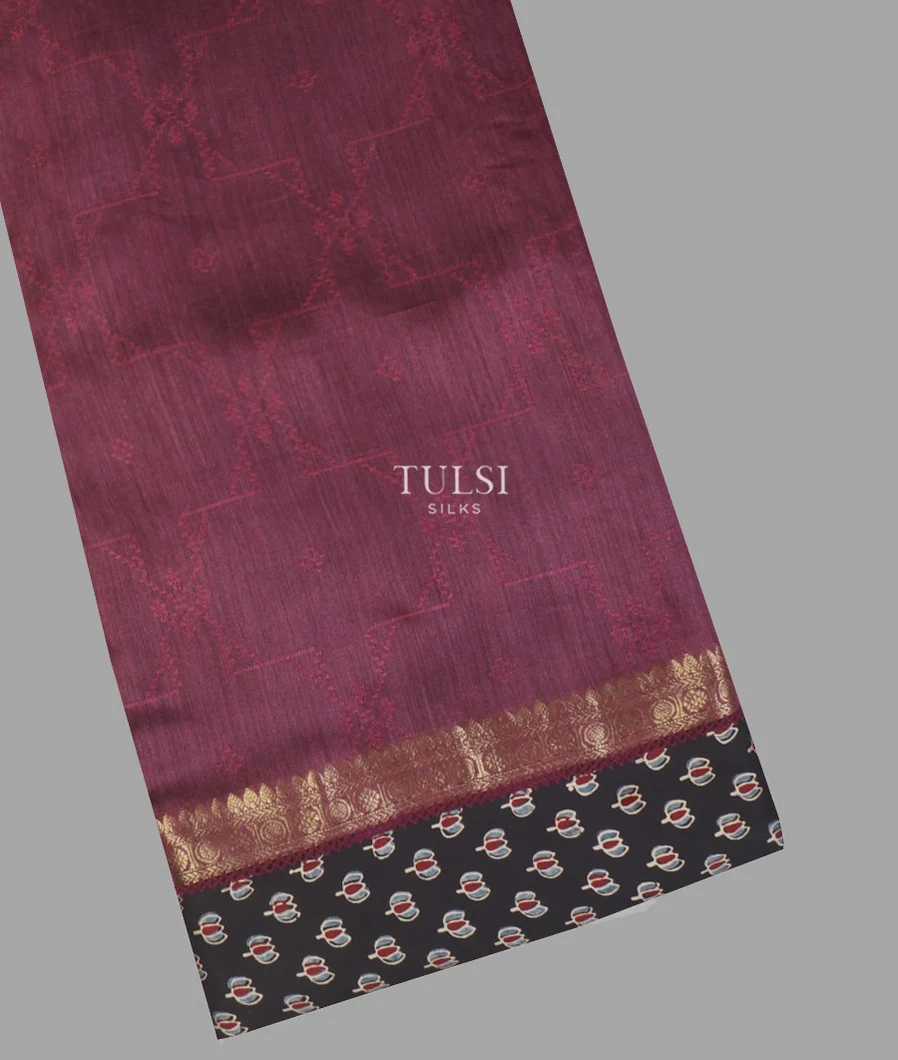Purple Tussar Embroidery Saree With Ajrakh Border T575749-image