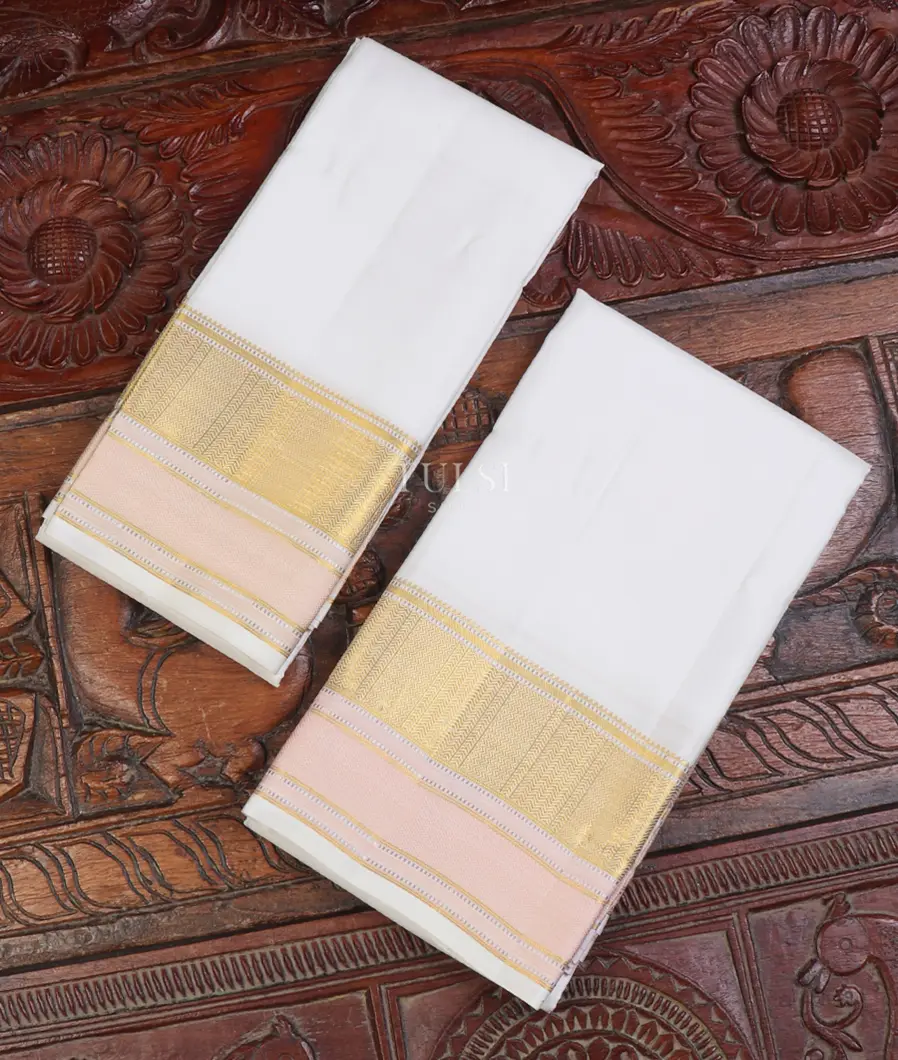 Off - White Handwoven Kanjivaram Silk Dhoti and Vastharam T466677-image