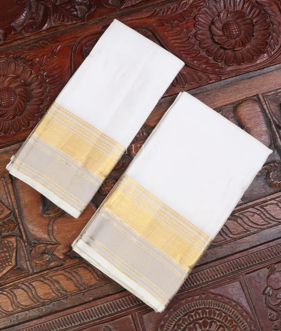 Off - White Handwoven Kanjivaram Silk Dhoti and Vastharam T461663-image