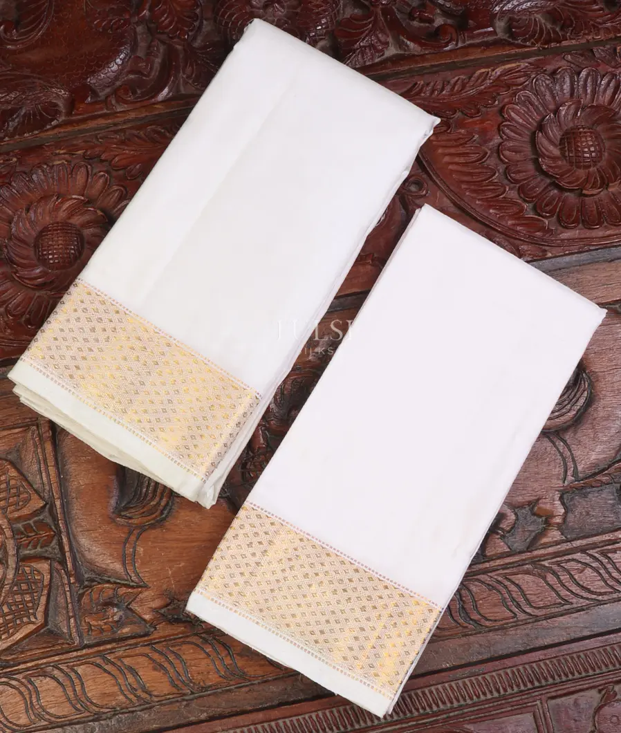 Off - White Handwoven Kanjivaram Silk Dhoti and Vastharam T663323-image