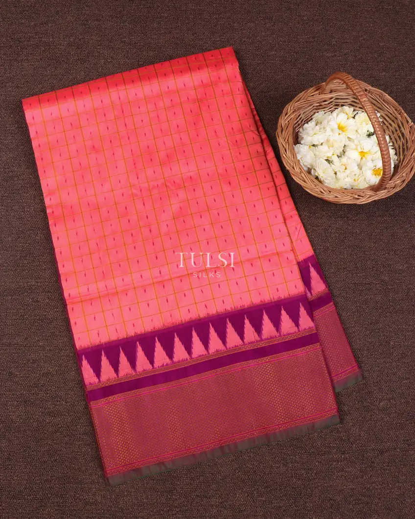 Peachish Pink Ikat Silk Saree T663694-image