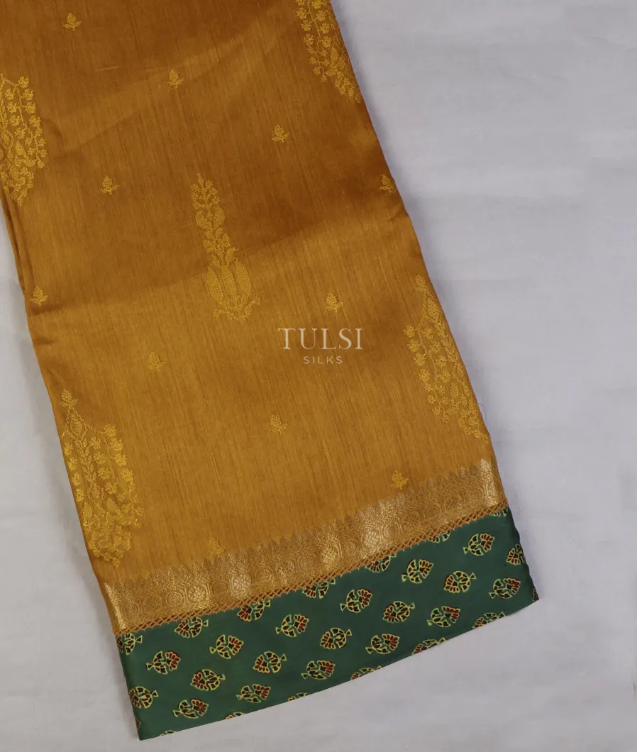 Mustard Yellow Tussar Embroidery Saree With Ajrakh Border T595893-image
