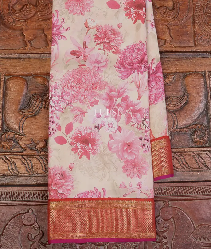 Cream Printed Kanjivaram Silk Saree T639478-image