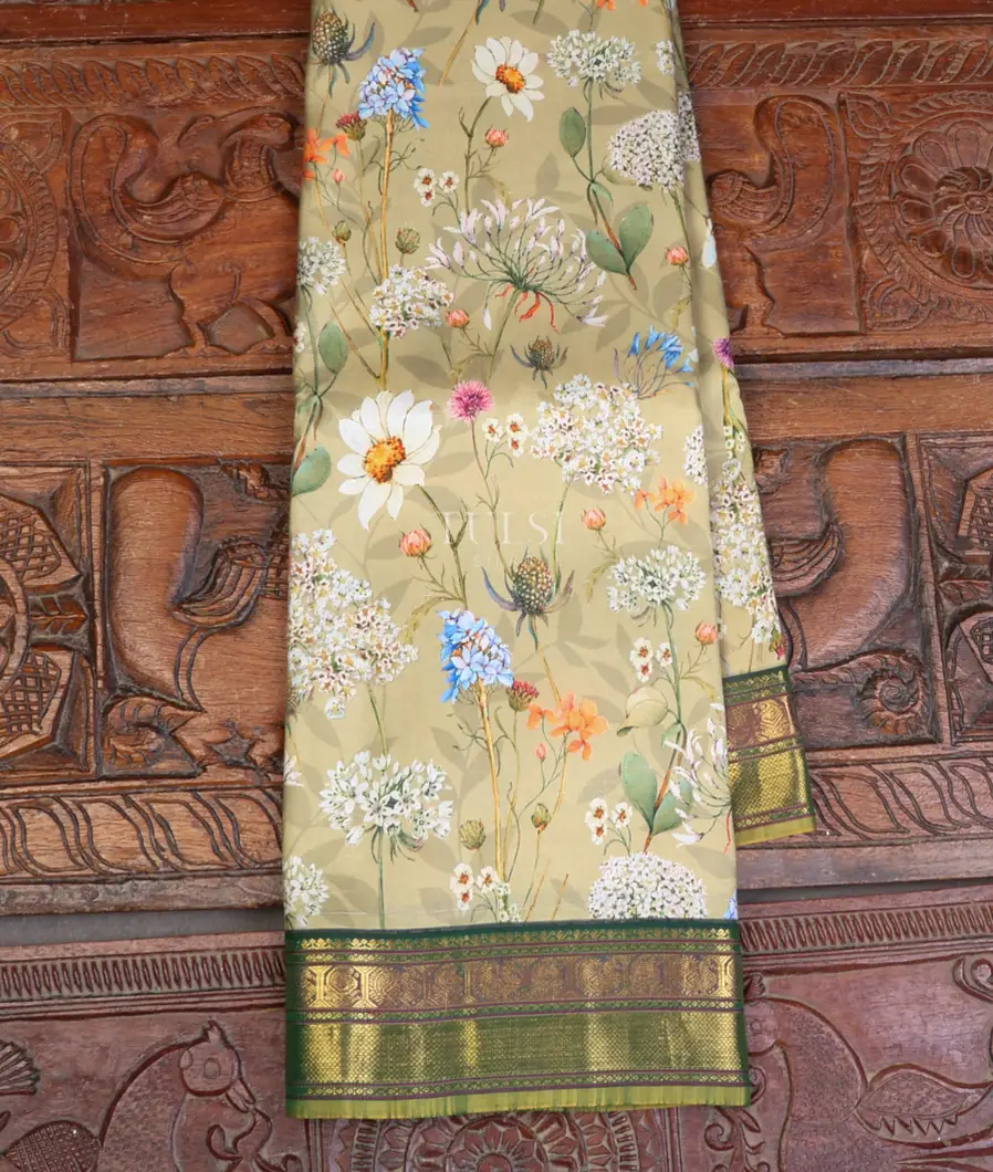 Greenish Grey Printed Kanjivaram Silk Saree T640945-image
