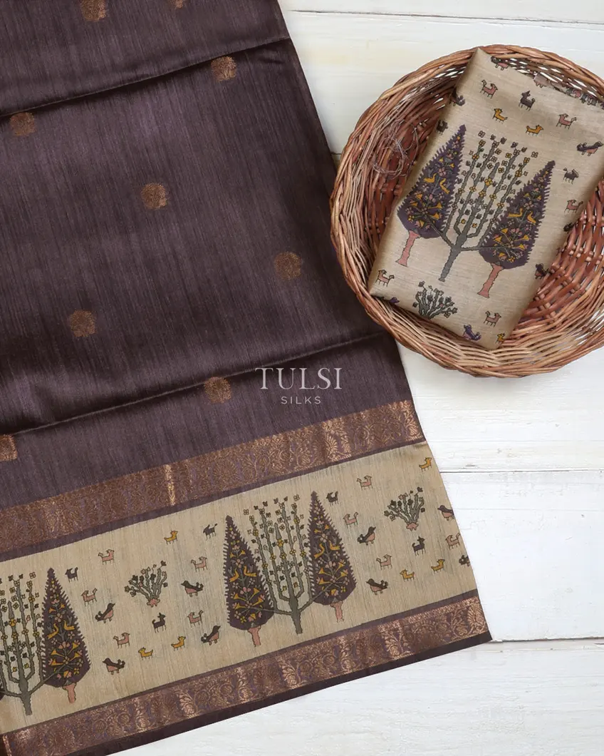Greyish Purple Tussar Printed Saree T667504-image