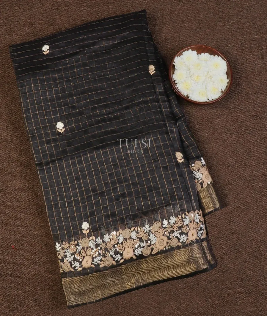 Black Linen Embroidery Saree T652131-image