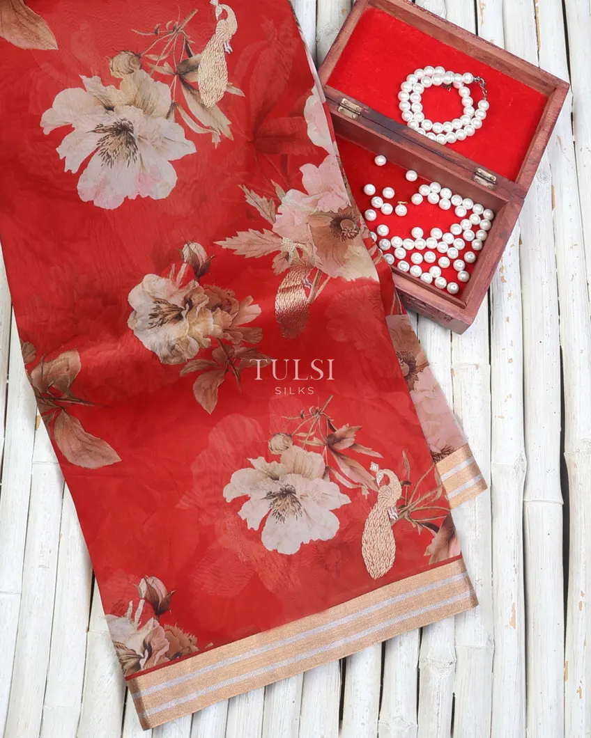 Red Kora Organza Printed Saree T669084-image