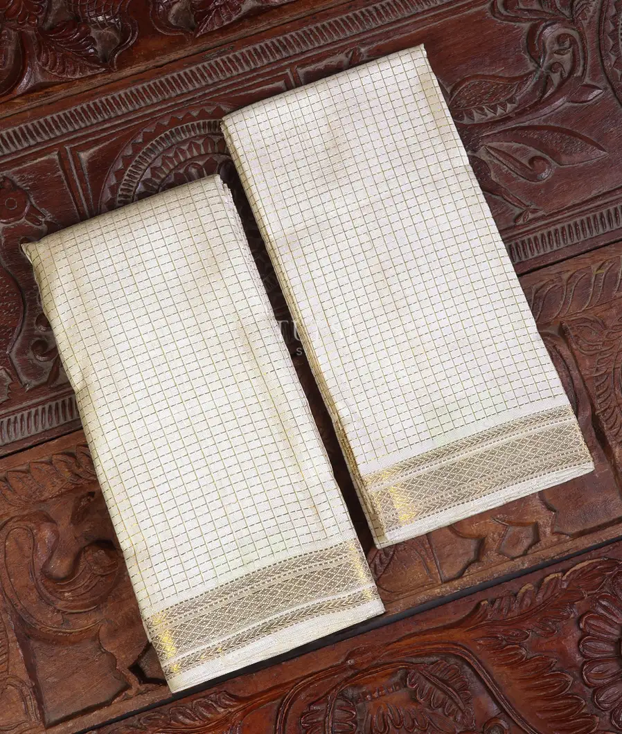 Off - White Handwoven Kanjivaram Silk Dhoti and Vastharam T613474-image