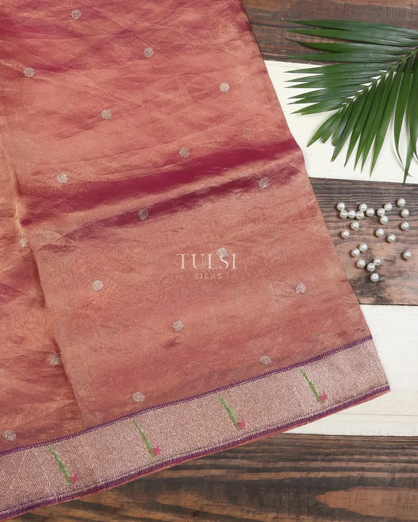 Peachish Pink Kora Tissue Organza Embroidery Saree T641746-image