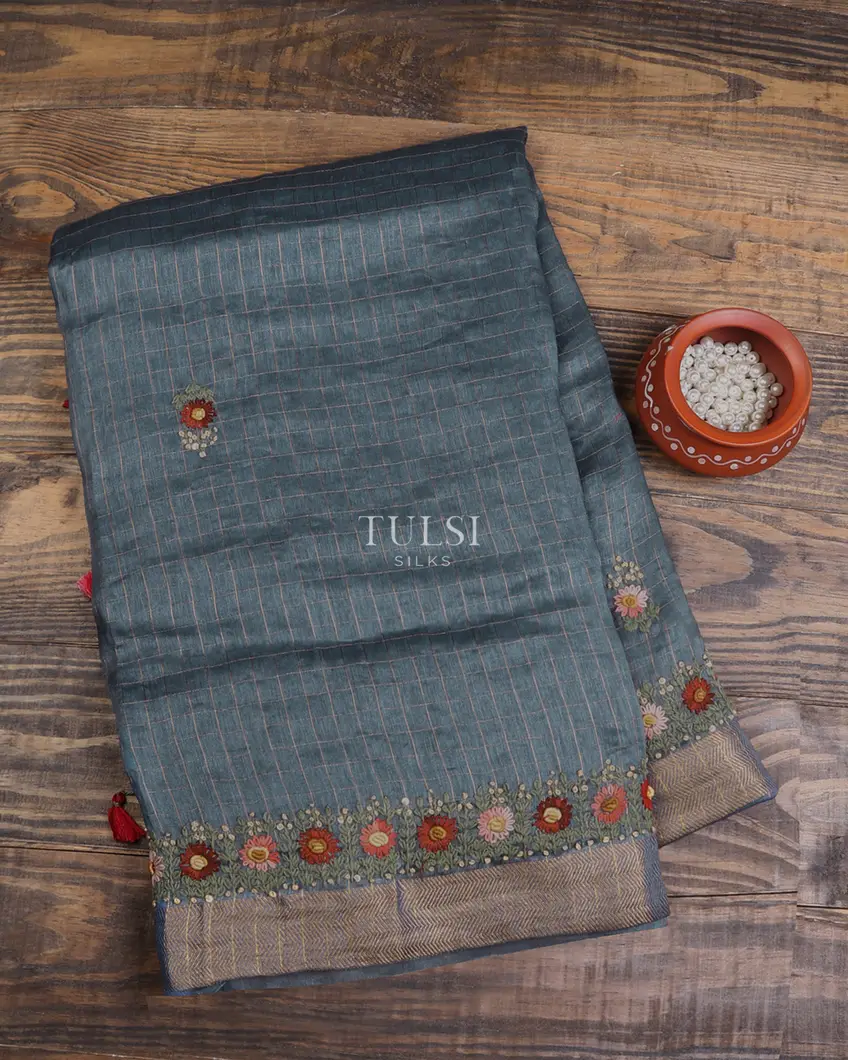 Blue Linen Embroidery Saree T670272-image