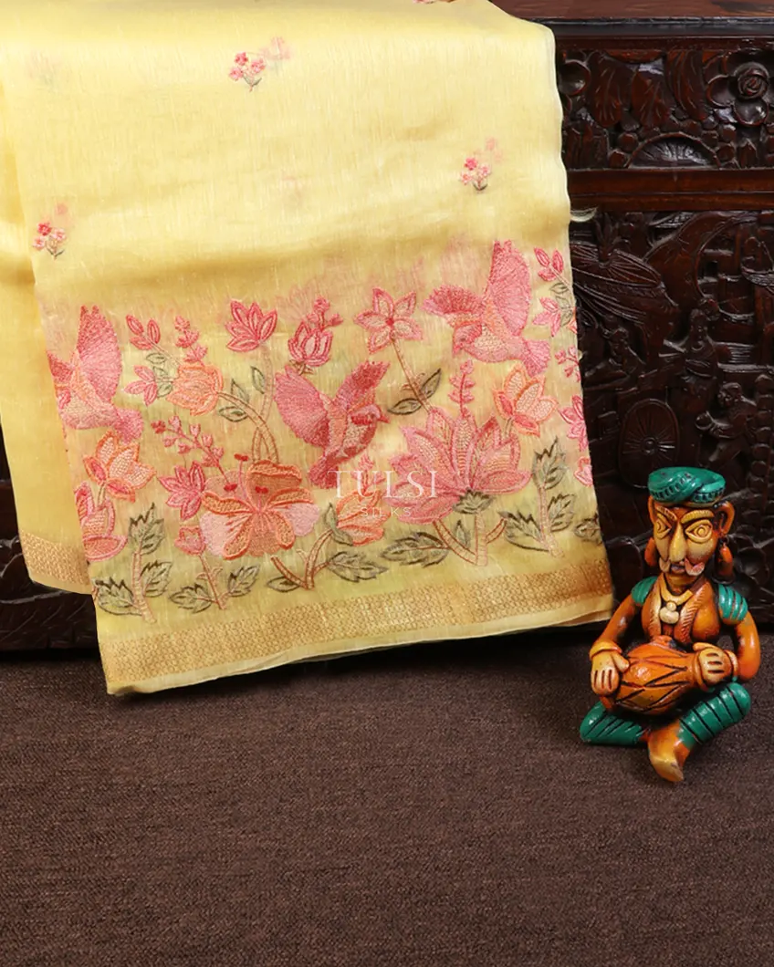 Yellow Linen Embroidery Saree T670007-image