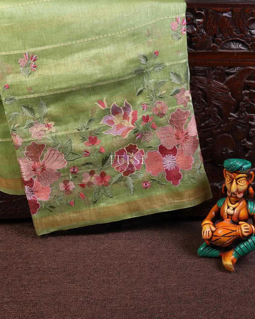 Green Linen Embroidery Saree T669998-image