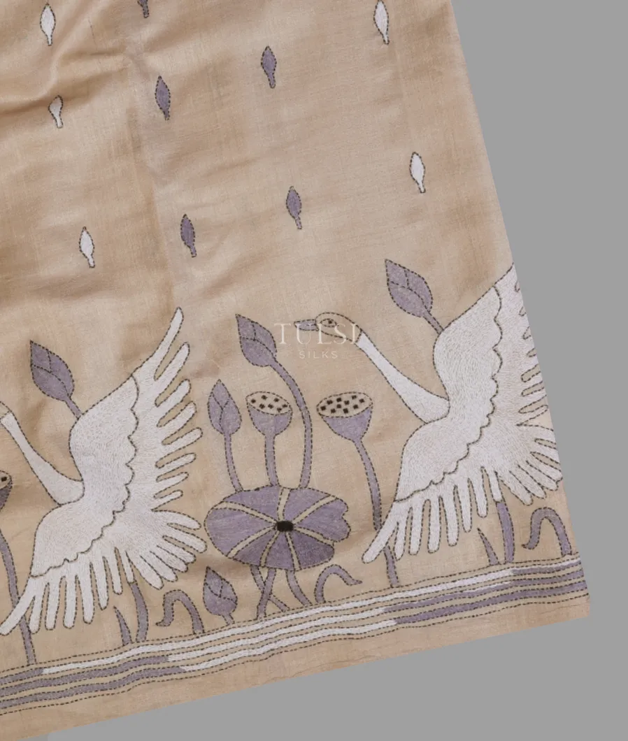 Beige Tussar Kantha Work Saree T644646-image