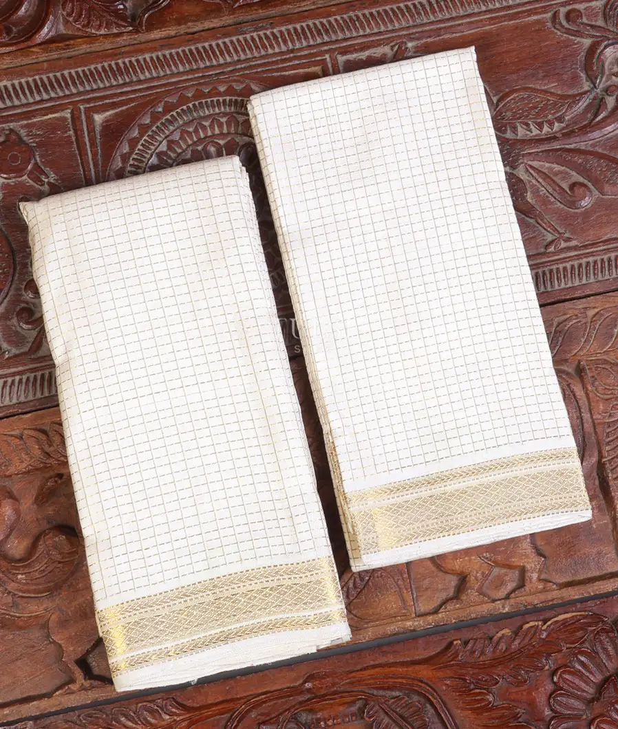 Off - White Handwoven Kanjivaram Silk Dhoti and Vastharam T635881-image