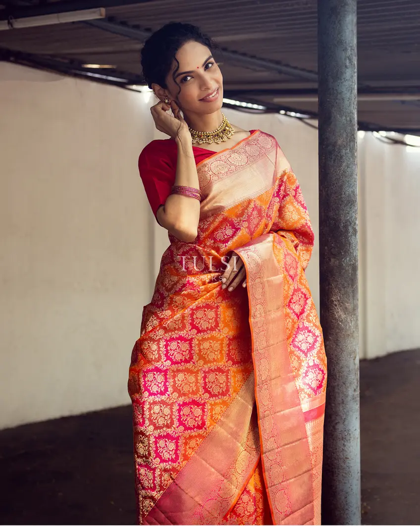Orange and Pink Kanjivaram Silk Saree T667065-image