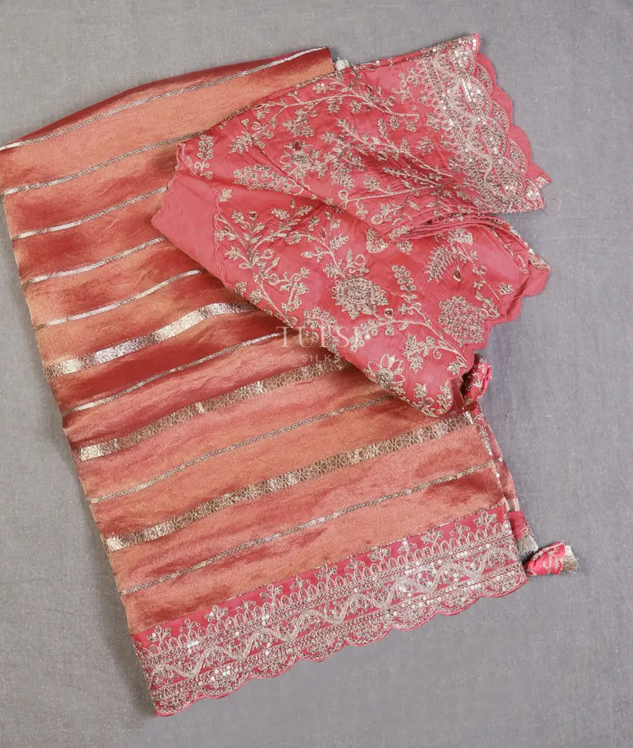 Peach Kora Tissue Organza Embroidery Saree T655189-image
