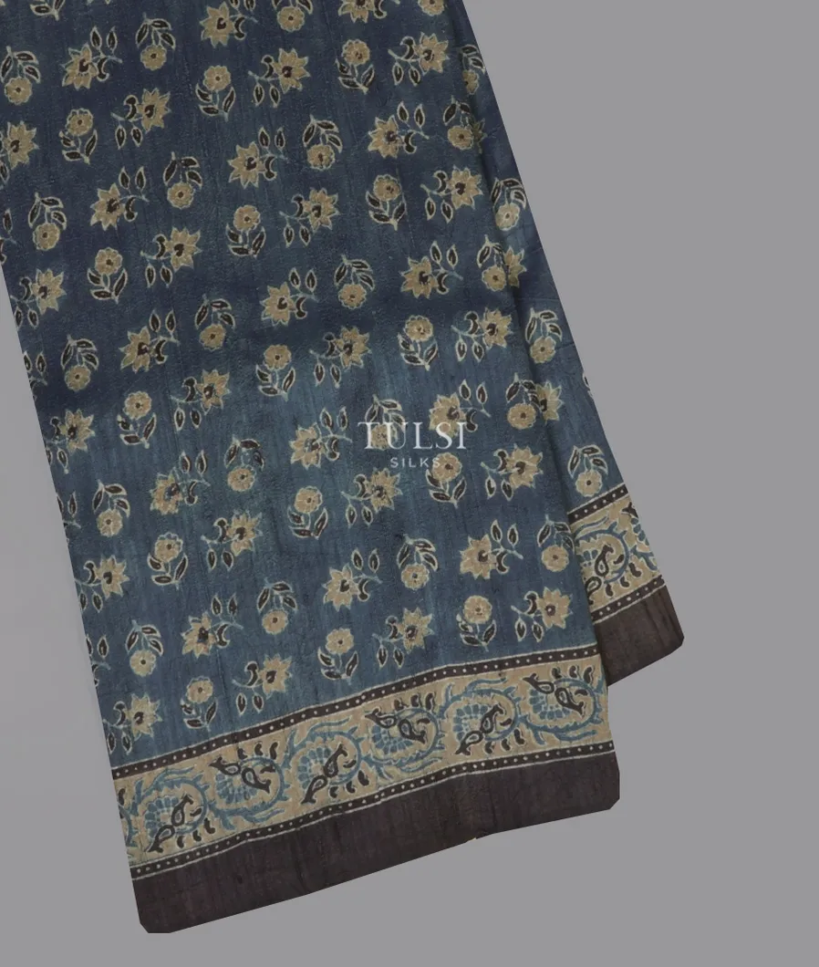 Blue Ajrakh Printed Raw Silk Saree T542722-1-image