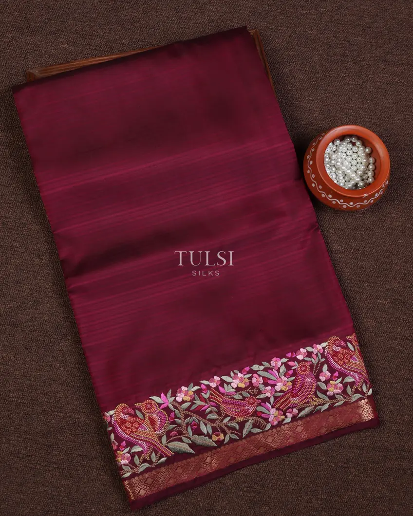 Burgundy Soft Silk Embroidery Saree T673783-image