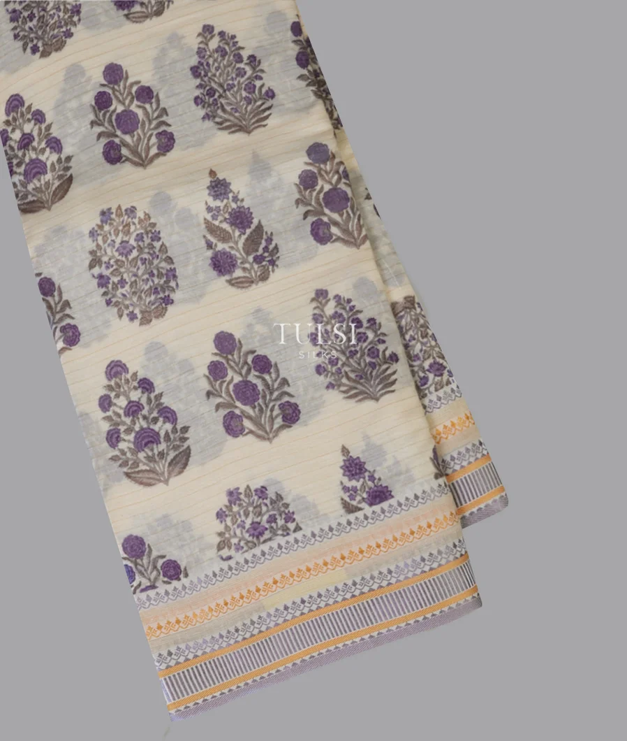 Off - White Printed Cotton Saree T487205-1-image