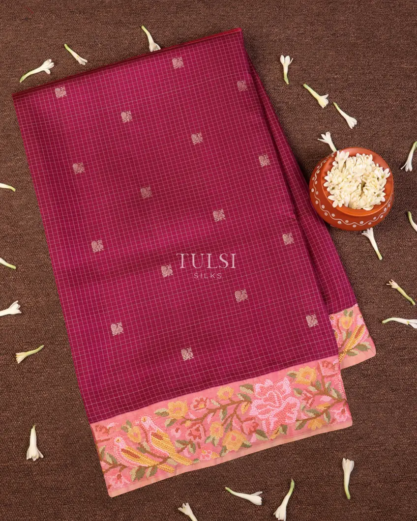Dark Magenta Pink Kanjivaram Silk Embroidery Saree T655108-image